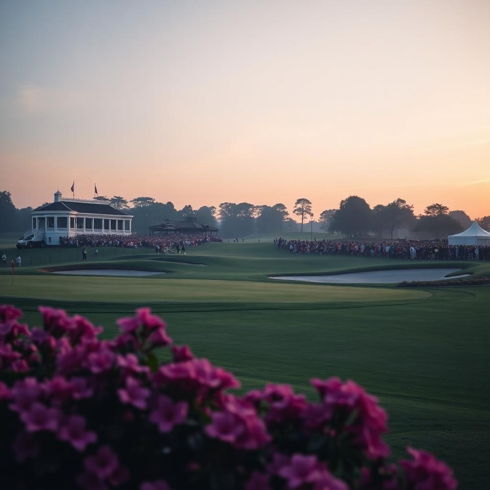 Golf course at dawn with azaleas and a clubhouse