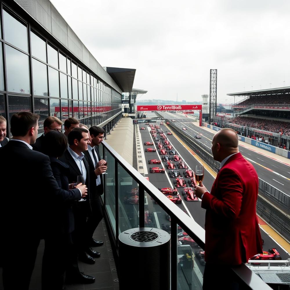 Guests watching a Formula 1 grid from a paddock club terrace