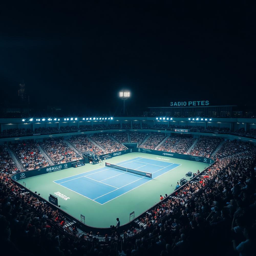 Night tennis stadium under floodlights