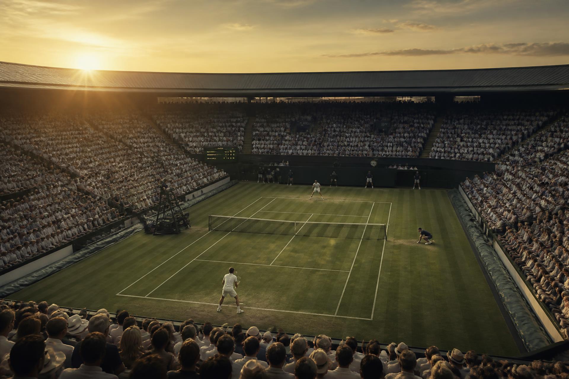 Grass tennis centre court at golden hour with a full crowd