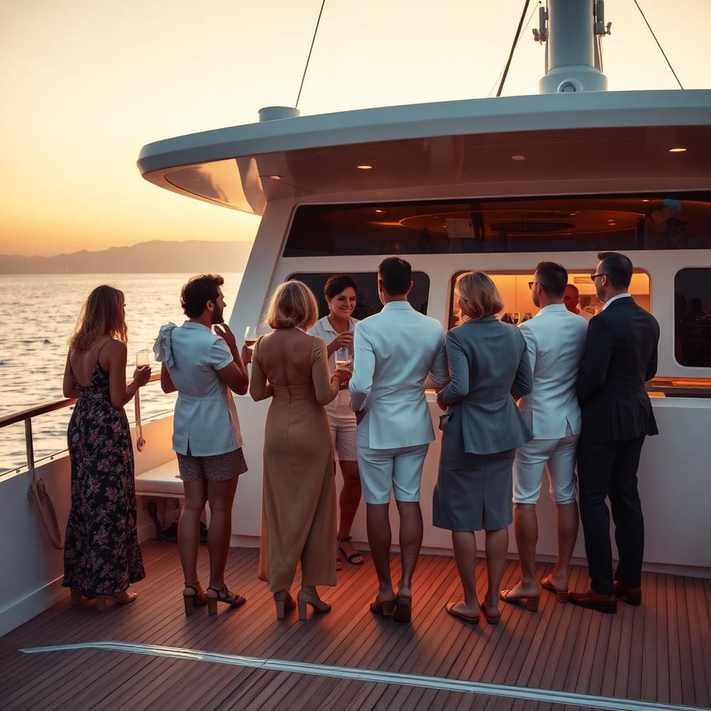 Guests celebrating on a yacht deck at sunset