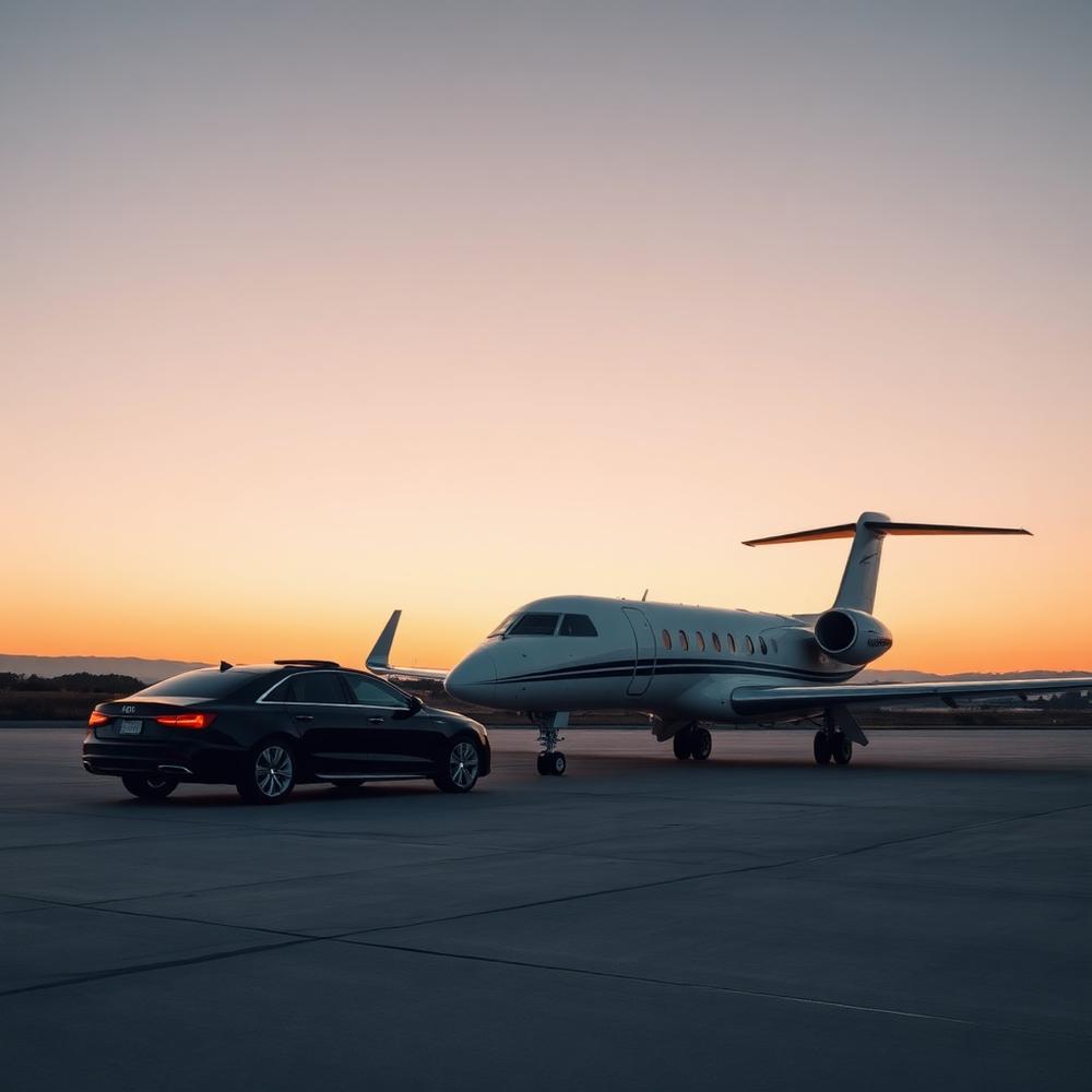 Private jet and chauffeur car on a runway at dusk
